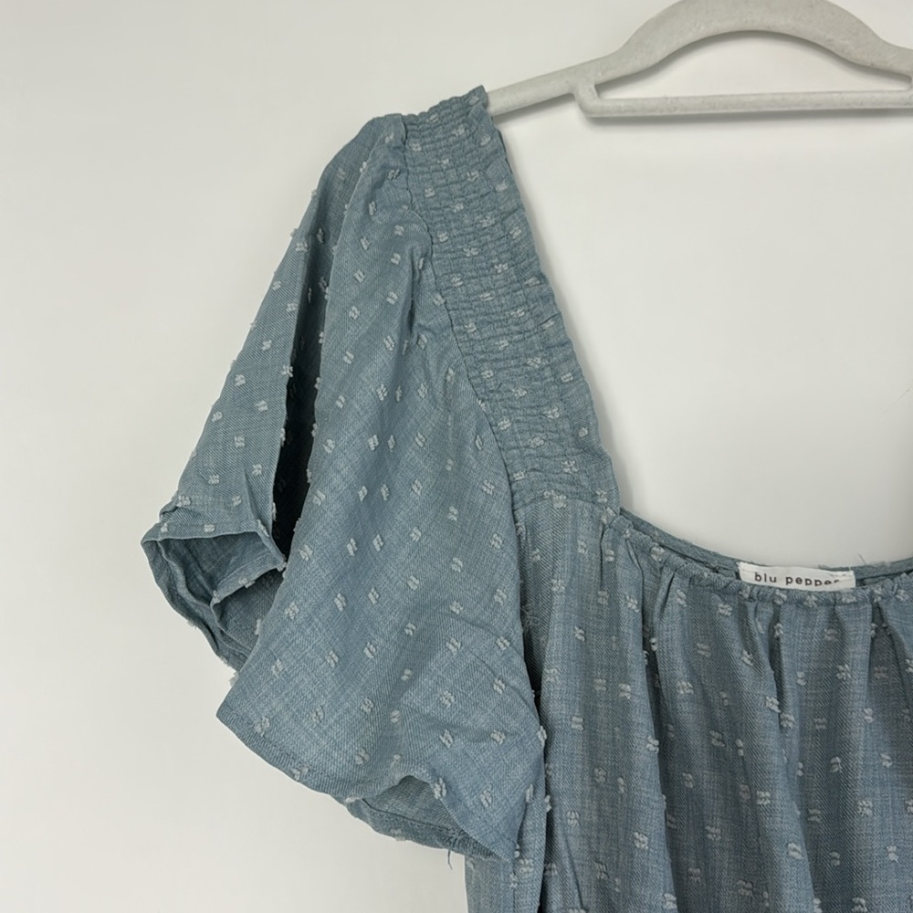 Blu Pepper Blue Ruffled Tiered Dress w/Flutter Sleeves & Ratan Belt - Large NWT - Picture 4 of 11